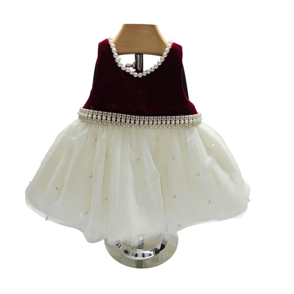 American Princess Baby Girls Velvet Tulle Pearl Dress Set Burgundy Cream 9M